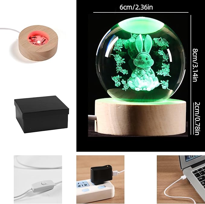 Bunny Decor Rabbit 3D Crystal Ball 60MM Rabbit Decor Sphere Figurine Collectibles Glass Art Animal Night Light for Kids