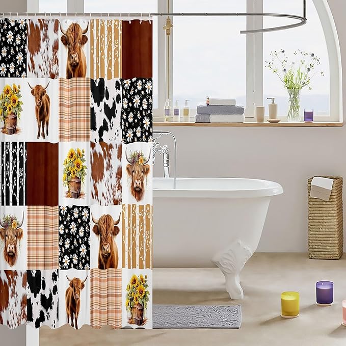 Feelyou Highland Cow Shower Curtain 72"x84" Kids Cowboy Cow Fur Bathroom Shower Curtain Set for Boys Girls Teens Farm Geometric Stripes Bath Curtain Daisy Sunflower Bathroom Accessories