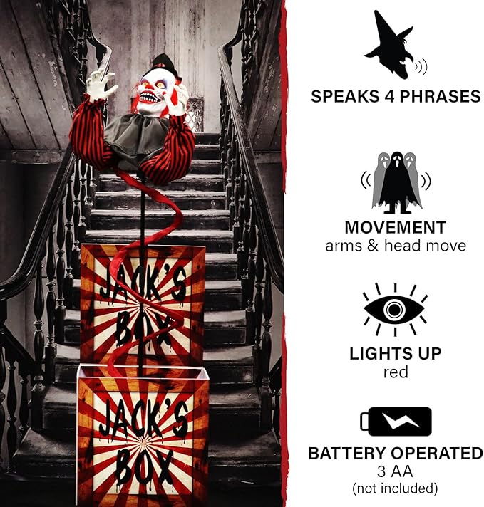 Haunted Hill Farm Life-Size Talking Clown Jack in The Box, Halloween Animatronic with Motion and Touch Activated Lights and Sounds, Battery Operated Indoor or Covered Outdoor Halloween Decorations