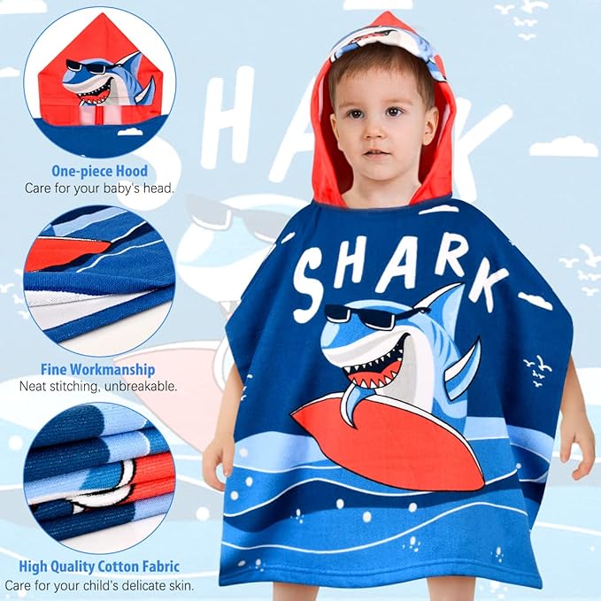 HUANLANG Kids Hooded Beach Towel for Boys Girls,Bath Pool Beach Poncho Towels Super Soft & Absorbent Cotton Towel Childrens Shark Beach Towels for Toddler 2-6 Years Old