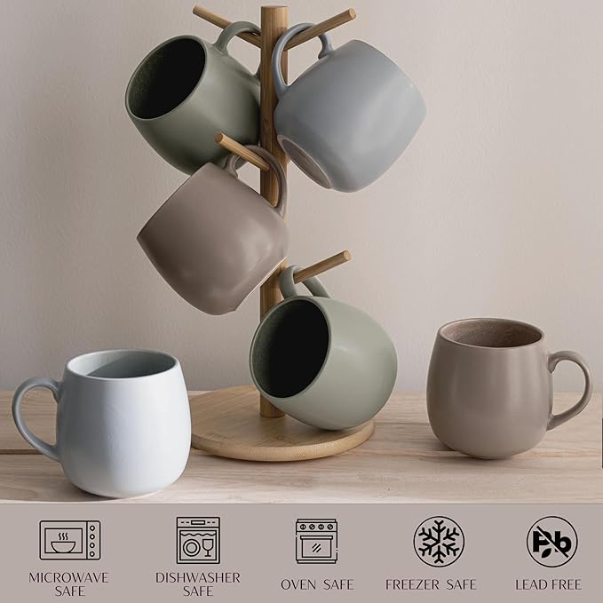 Ceramic Coffee Mugs Set of 6, 14oz - Modern Scandinavian Aesthetic Large Cup- Microwavable Stoneware Coffee Cups with Comfortable Handle - Tea Mug Set for Latte, Cappuccino, Soup - Taupe