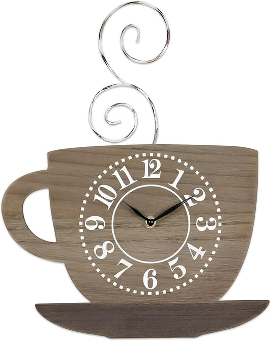 Young's Inc Coffee Wall Clock, Cup Clock with Twist Metal Design, Wood Wall Clock for Kitchen, Bedroom, Kid’s Room, Coffee Kitchen Décor (15.5-inch H)