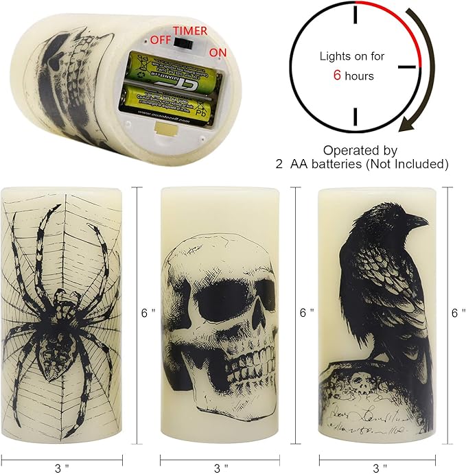 Eldnacele Halloween Flickering Candles with Skull, Spider Web, Crow Raven Decals Set of 3, Battery Operated Halloween Themed LED Candles Horror Spooky Decoration