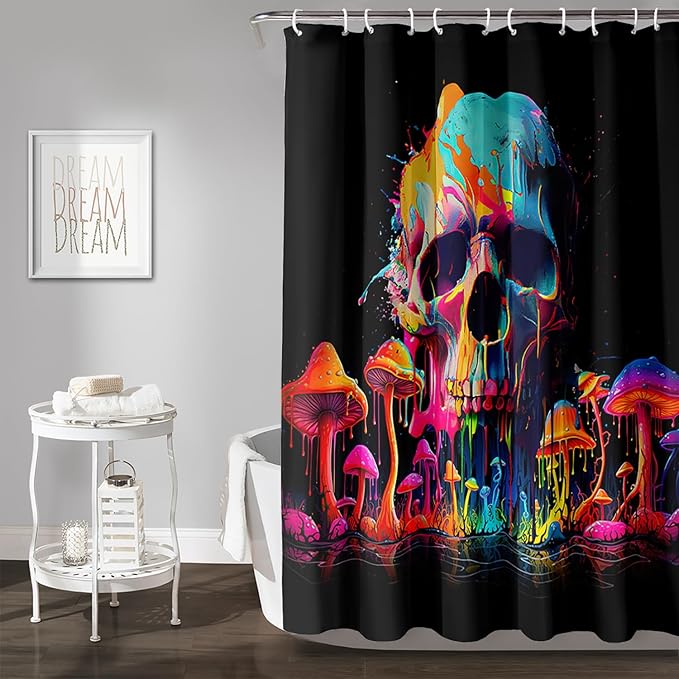 AILONEN Mushroom Skull Shower Curtain for Bathroom, 3D Oil Painting Mushroom Skull Bath Curtain for Kids Boys Girls,Modern Abstract Print Waterproof Black Curtain with 12 Plastic Hooks, 60" W*72" H
