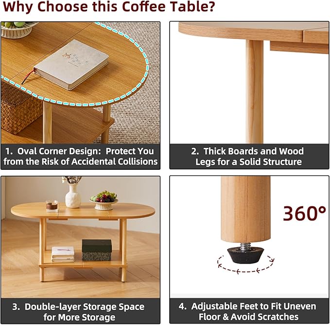 Wooden Tea Table Splicing Design, 2 Tier Coffee Table for Living Room, 35x16x17inch TV Table Stand with Storage Shelf Natural Wood Color YD-011N