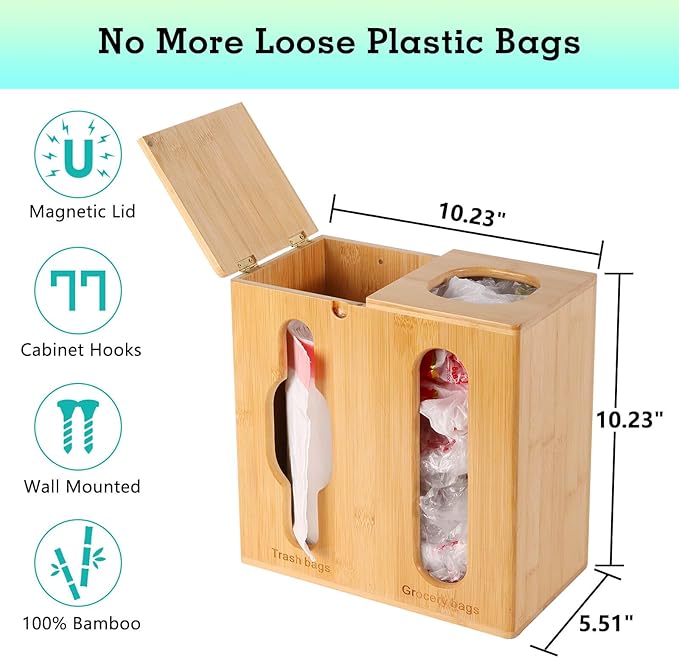 Trash Bag Dispenser & Grocery Bag Holder -2 in 1-Bamboo Plastic Bag Holder with Large Storage Capacity and Wall-Mounted Design, Grocery Garbage Bag Organizers for Kitchen and Laundry Room Organization