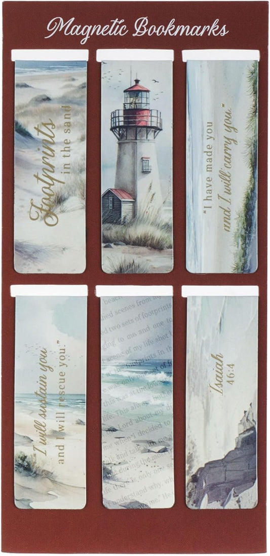 Christian Art Gifts Magnetic Bookmark Pagemarker Set for Men & Women: Lighthouse Sandy Ocean Theme & Golden Inspirational Scripture for Reading, Bibles, Books, Fridges, Small, Multicolor, 6 Piece Set