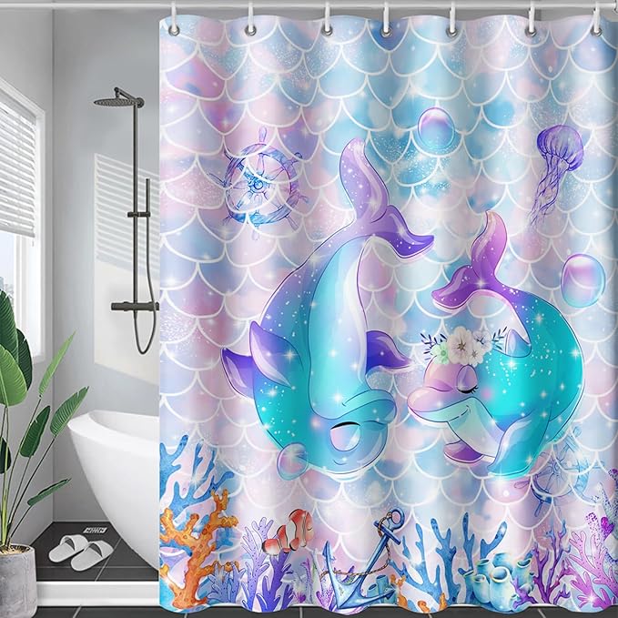 AILONEN Cute Dolphin Shower Curtain,Kawaii Ocean Dolphin Bathroom Curtain for Kids Girls Women,Cartoon Fish Scale Mermaid Bath Curtain 72" W*84" H Polyester Waterproof Shower Curtain with 12 Hooks