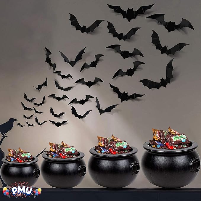PMU 4 Pc 16" 12" 8" 6" Inch Halloween Black Cauldron Kettle, Halloween Black Plastic Witch Cauldron Kettle, Halloween Party Decorations, Halloween Decorations Indoor & Outdoor