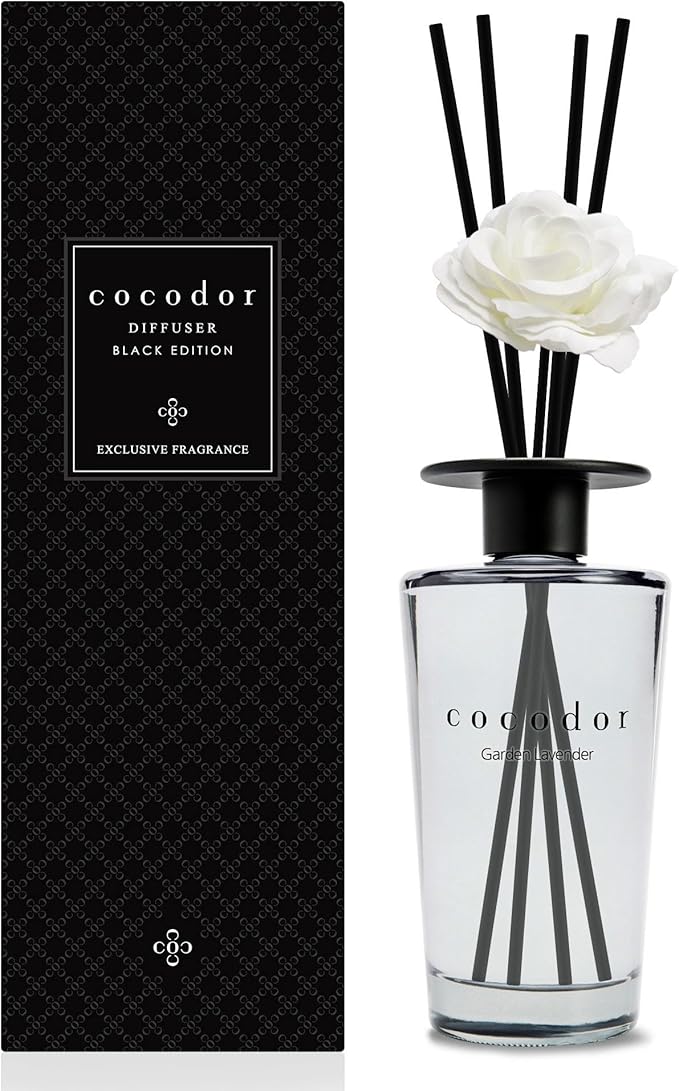 COCODOR White Flower Reed Diffuser / Garden Lavender / 1 Pack / Home & Office Decor Aromatherapy Diffuser Oil Gift Set / Large Size, Large Capacity, Big Size Diffuser, Black Edition/16.9Ounce(500 ml)