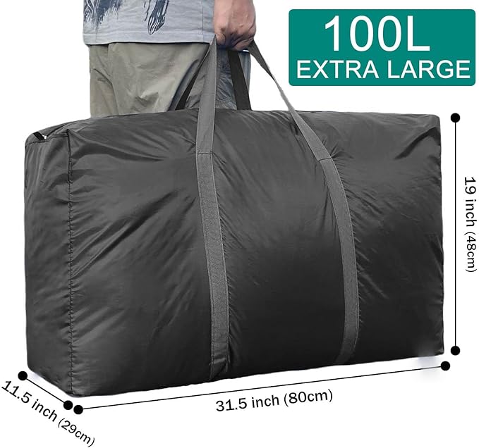 100L Extra Large Storage Bags, Big Moving Bags with Strong Zippers & Carrying Handles, Packing Bags for Moving, Storage, Travel and Camping, Storage Totes For Space Saving (Black, 4 Pack)