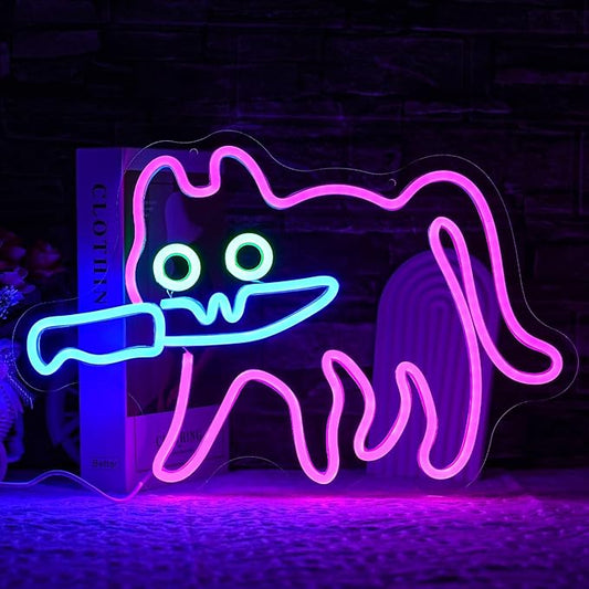 Cautiously Cat Neon Sign for Wall Decor Knife Neon Light Adorable LED Neon Sign for Bedroom Zoo Cat Cafe Cat House Store Restaurant Home Kitchen Men Cave Home Bar Decoration(16.9"*12.4")
