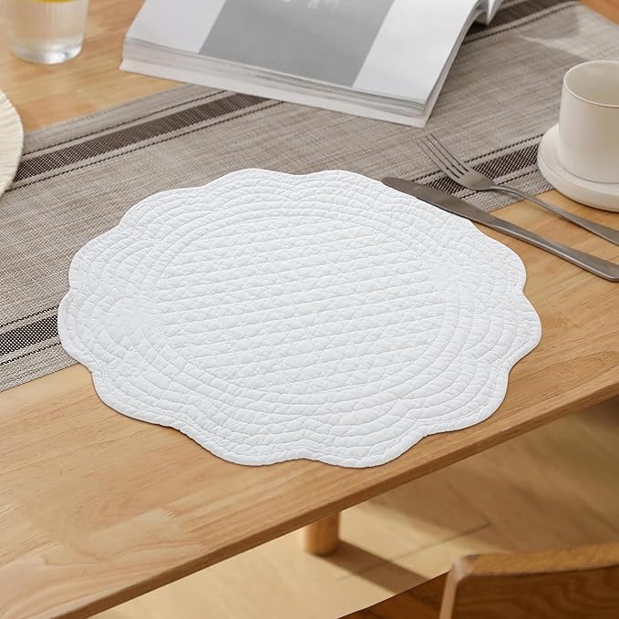 HOMBYS Quilted Placemats Set of 6 Washable Round Placemats for Kitchen Table-100% Cotton Fabric 13 Inch Round Table Mats, Cotton Fabric with Microfiber Filling, (13"x13", Pure White)