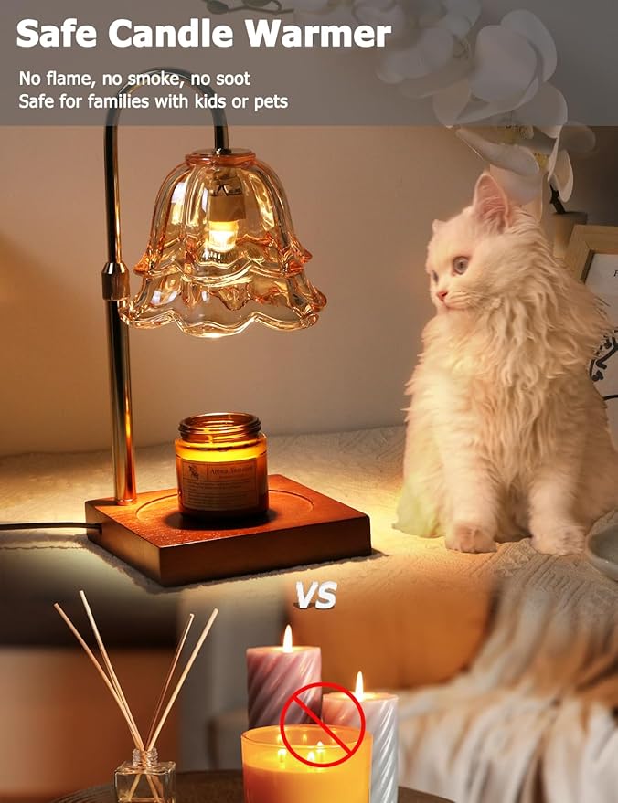 Candle Warmer Lamp with Timer Dimmer Height Adjustable Electric Candle Wax Melt Warmer, Large Flower Candle Lamp Warmer for Jar Candles with 2 Bulbs, Home Decor Birthday Gifts for Men Women