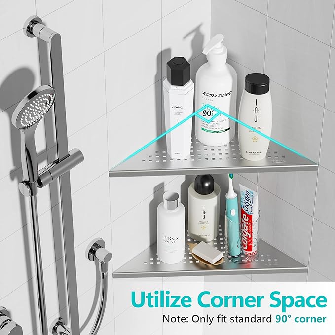 2 Pack Bathroom Corner Shelf, Recessed 12" Corner Shower Shelf, SUS304 Stainless Steel Triangular Wall Mount, No Drilling, Brushed Nickel