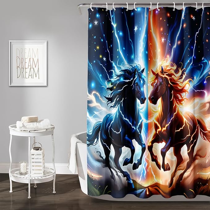 AILONEN 3D Horse Shower Curtain,Bohemian Lightning Galloping Horses Waterproof Fabric Shower Curtains for Bathroom,Animals Theme Bath Curtain Set with Hooks, 60" W*72" H