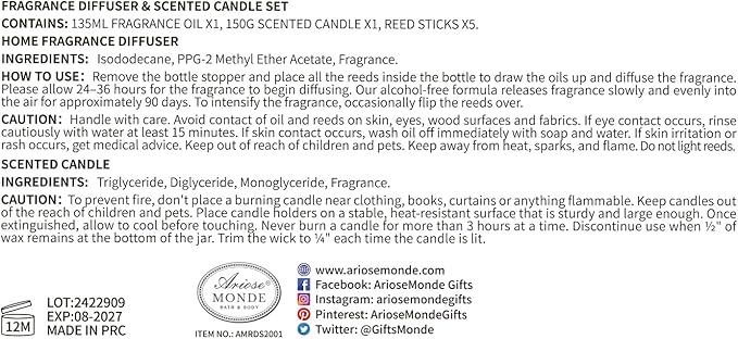 Reed Diffuser & Scented Candle Gift Set, Lemon Basil Oil Diffuser Sticks, Fragrance Diffuser & Soy Wax Candles in Glass Jar, Natural Soy Candles Gifts for Home Decor