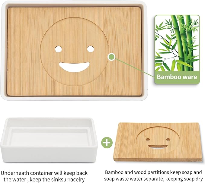 Bamboo Soap Dishes for Shower Wooden Soap Bar Holder for Bathroom Soap Tray Easy to Clean, Durable and with Non-Slip Pads(Single White Smiley face)