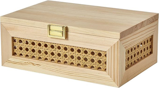 Decorative Rattan Storage Boxes Solid Wood Woven Baskets Bins with Lid Keepsake Memory Jewelry Box Natural Boho Shelf Wicker Closet Desk Organizer Container (Light Wood, Small Size)