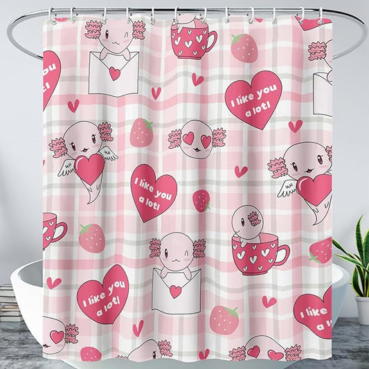 AILONEN Axolotl Shower Curtain Pink Love Hearts Print Bath Curtain Girls Women Adults Strawberry Grid Shower Curtain 72" W*84" H Bathroom Curtain Decor Polyester Waterproof Curtain with 12 Hooks