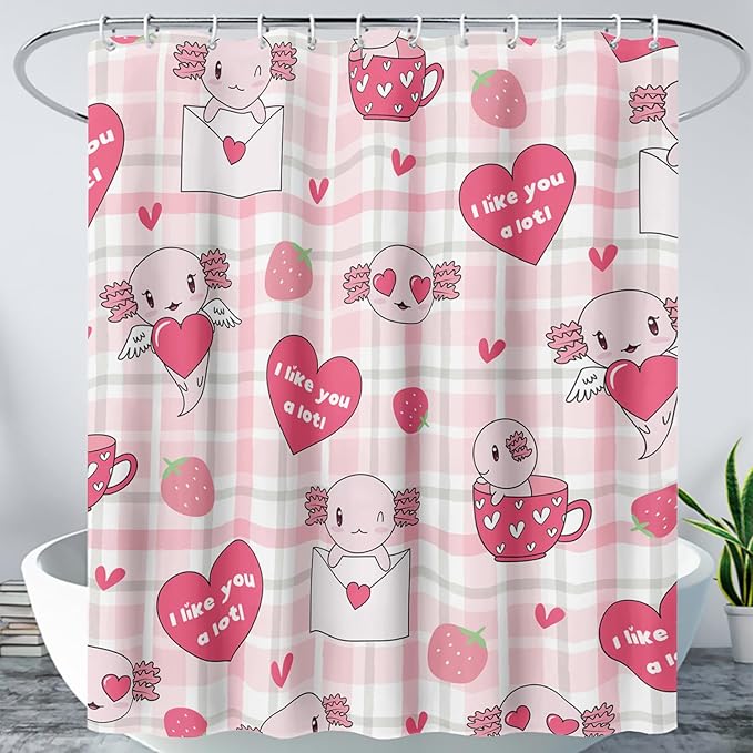 AILONEN Axolotl Shower Curtain Pink Love Hearts Print Bath Curtain Girls Women Adults Strawberry Grid Shower Curtain 72" W*72" H Bathroom Curtain Decor Polyester Waterproof Curtain with 12 Hooks