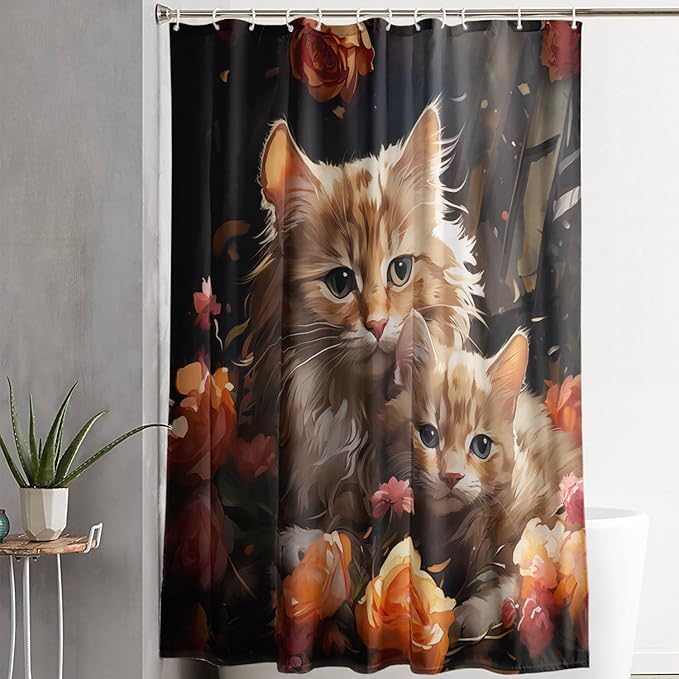 AILONEN 3D Kawaii Cat Shower Curtain,Lovely Kitten Mom and Son Polyester Cloth Bath Curtain Set for Girls Boys,Cute Animal with Flowers Waterproof Shower Curtains for Bathroom, 60" W*72" H