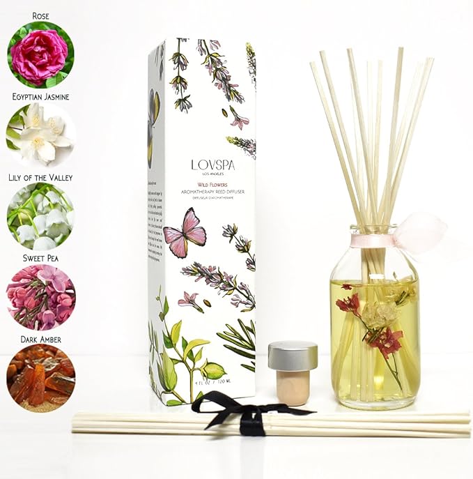 LOVSPA Wild Flowers Reed Diffuser Set - Rose, Jasmine, Sweet Pea & Dark Amber Scent Diffuser - Non-Toxic Oil Reed Diffuser - Made in The USA