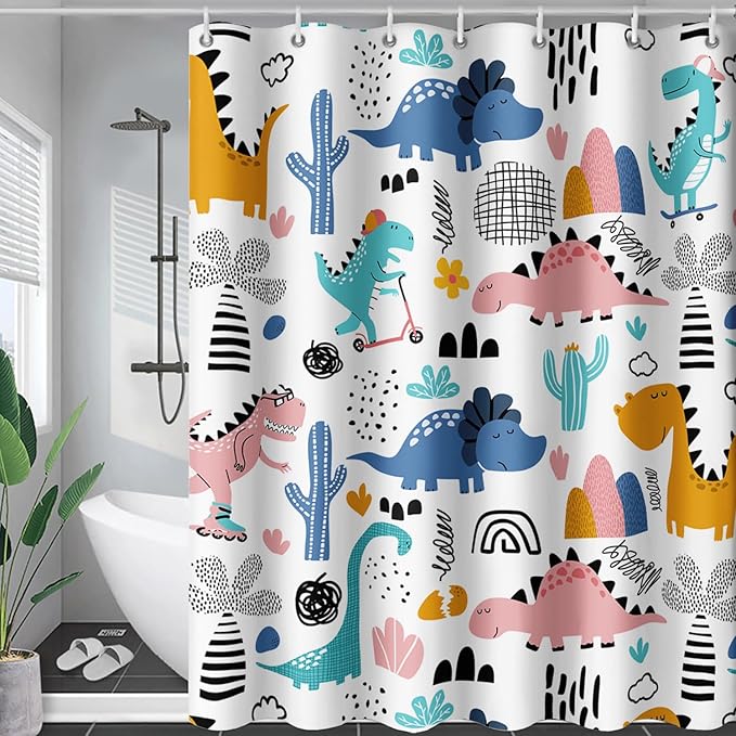 AILONEN Dinosaur Shower Curtain for Kids Boys,Cartoon Dinosaur Bath Curtain 72" W*96" H,Cactus Rainbow Dinosaur Waterproof Shower Curtain with 12 Plastic Hooks