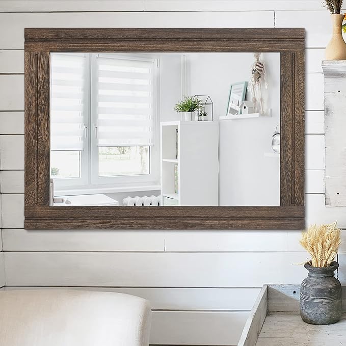 AAZZKANG Rustic Wood Mirror Rectangle Decorative Wall Hanging Mirrors with Frame Large 26"x18" for Bedroom Living Room Bathroom Home Entryway
