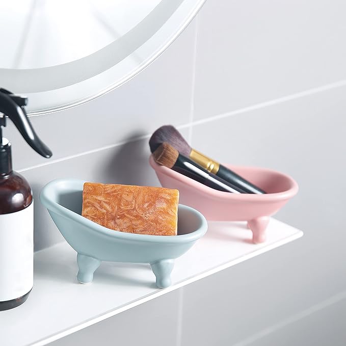 1 Piece 5.6" Colorful Ceramic Mini Clawfoot Bathtub Soap Dish Decortative Soap Dish Small Planter Makeup Organizer Container Hamster Bathtub（Pink）