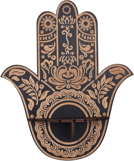 CREATCABIN Wooden Hamsa Crystal Display Shelf Hamsa Hand Wall Decor Crystal Holder Shelves Flowers Wall Mounted Floating Shelf Stand for Witch Stuff Altar Supplies Spiritual Gift Black 9.8 x 11.8Inch