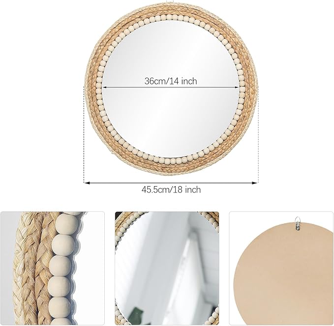 SWTHONY 18 Inch Boho Round Hanging Wall Mirror Decorative Rattan Circle Mirrors for Farmhouse, Living Room, Bedroom