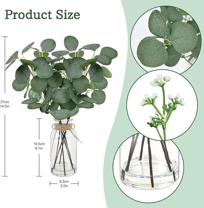 Artificial Eucalyptus Stems in Glass Vase 14" 6Pcs Faux Eucalyptus Branches Home Table Decor Fake Greenery Plants Stems for Farmhouse Wedding Centerpiece Bathroom Decorations