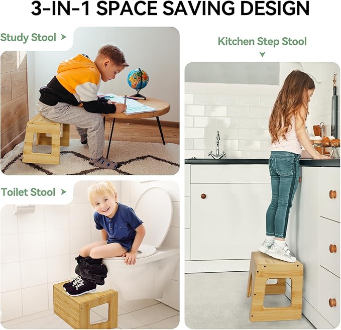 AmazerBath Toilet Stool for Toddler Potty Training, 3-in-1 Sturdy Bamboo One Step Squat Poop Foot Stool, Non-Slip Baby & Kids Potty Step Stool for Bathroom Sink, Kitchen Counter, Bedroom, Closet, 9"