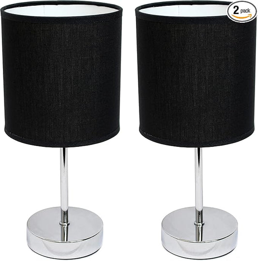 Simple Designs LT2007-BLK-2PK Chrome Mini Basic Table Lamp with Fabric Shade 2 Pack Set, Black