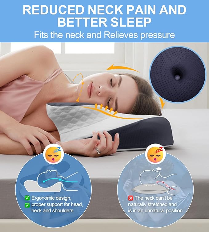 Bed Sleep Contour Memory Foam Pillow, Cervical Pillow for Neck and Shoulder, Ergonomic Neck Support Pillow for Side Back Stomach Sleepers with Pillowcase