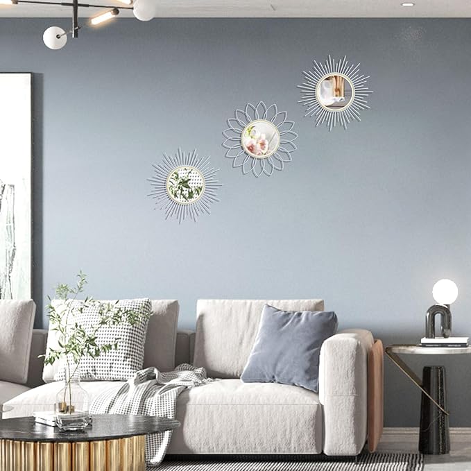 3 Pack Metal Mirrors for Wall Sunburst Wall Mirrors Home Décor Decorative Hanging Wall Art for Living Room Bedroom Entryway (White, Flower+Sunburst)