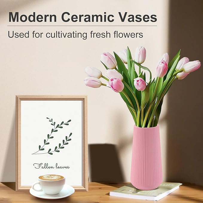 All Pink Ceramic Vase, GUKJOB Small Cute Flower Vase for Pampas Grass, Home, Living Room, Dining Table, Farmhouse, Office Decor, Bedroom, Table, and Kitchen Shelf (All Pink)