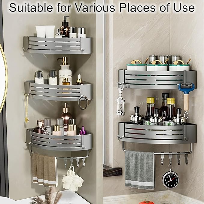 Corner Triangle Shower Shelves with Connecting Rods and 6 Hooks, Drilled or Non-Drilled Rust Resistant Storage Shelf for Bathroom, Kitchen, Wall Mounted Storage Shelf (1 Pack, Gray)