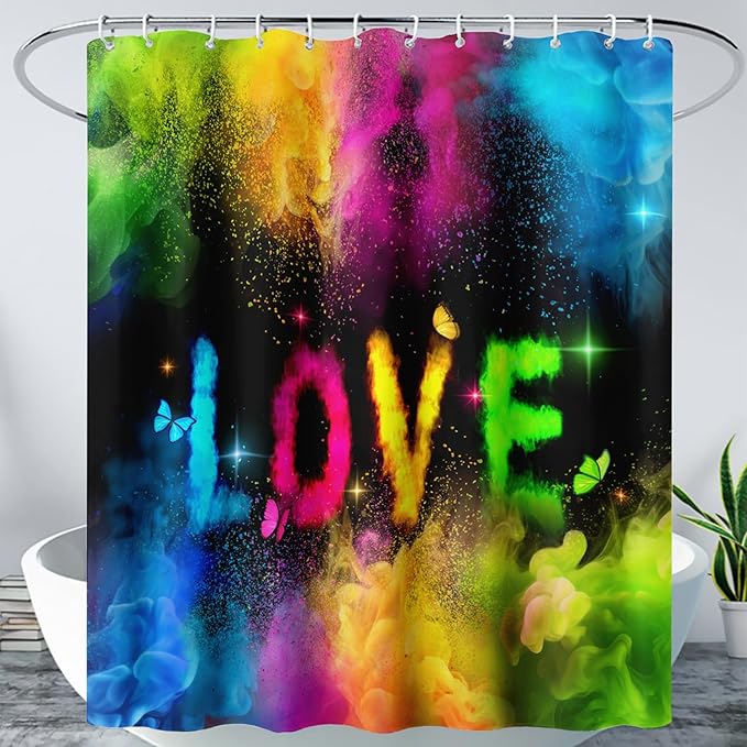 AILONEN Girls Shower Curtain for Bathroom, Rainbow Smoky Love Printed Bathroom Curtain Decor,Women Colorful Bath Curtain Polyester Waterproof Bathroom Curtain with 12 Hooks(72" W*72" H)