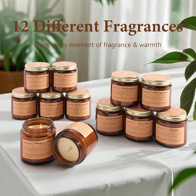 12 Pack Candles for Home Scented,Scented Candles Gift Set for Women,Natural Soy Wax Amber Jar Candle Set for Men,Aromatherapy Candle for Birthday,Mother's Day,Father's Day,Anniversary.