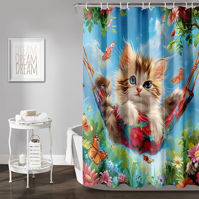 AILONEN Kawaii Cat Shower Curtain Set, Swing Cat with Butterfly Waterproof Fabric Shower Curtain for Kids Boys Girls,Cartoon Pet Cats Cloth Bath Curtain,48" W*72" H