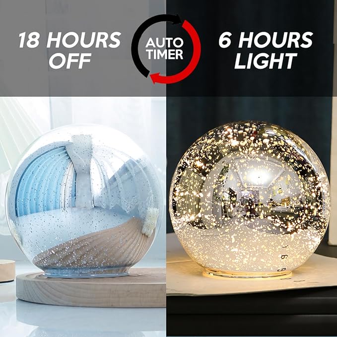 Lighted Mercury Glass Ball Table Lamp with Timer, Silver Cordless Orb Christmas Decor Ball Led Light Globe for Mother's Gift, Battery Operated Sphere Glass Night Light for Home Bedroom Indoor Décor