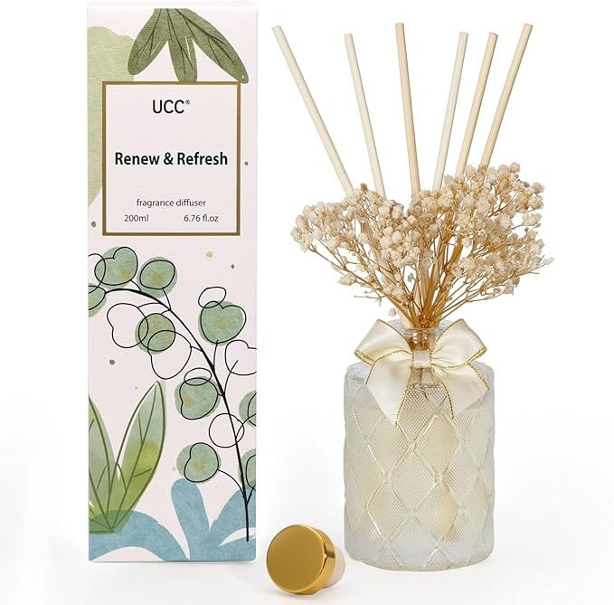 UCC Premium Reed Diffuser Set with Preserved Flower Reed Sticks, 6.76 fl oz Highly Scented Room Diffuser Home Fragrance Essential Oil Reed Diffuser for Bathroom Bedroom Home Décor Office