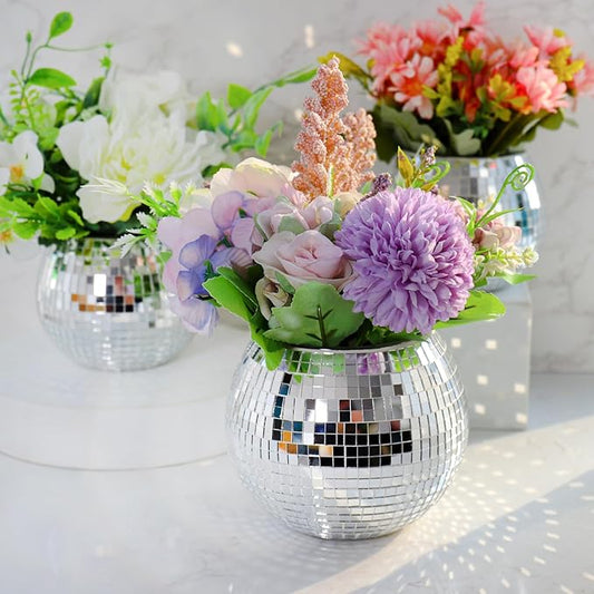 Disco Ball Planter, Disco Ball Vase, Flower Pot Containers with Silver Mirror Glass for Wedding, Birthday, Party, Bar, Office (Silver, 3 * 4 * 4 inch)