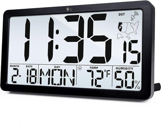 TXL Atomic Wall Clock with Backlight, Battery Operated Digital Wall Clock with Temperature, Humidity and Date, Large Display, Auto DST, 6 Time Zone(Black)