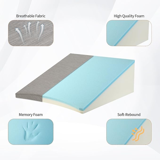 Wedge Pillow for Sleeping, 10 Inch Cooling Triangle Bed Pillow with Removable Cover, Elevated Body Pillow Wedge for Back Support, After Leg Surgery, Snoring, Acid Reflux, Grey