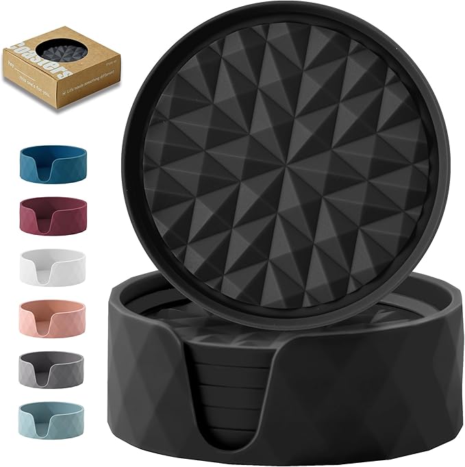 Silicone Coasters for Drinks[6 Pack]- Cup Mat with Holder for Tabletop Protection-Non-Slip, Non-Stick, Coffee Table Decor, Great Gift for Any Occasion, Black