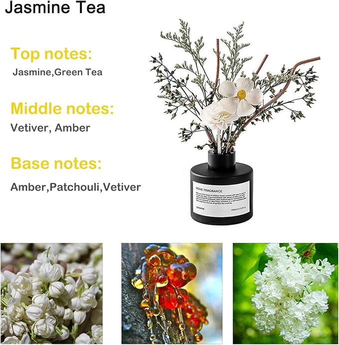 Reed Diffuser Set with Dried Flowers, 3.38fl.oz Fragrance Diffuser with Sticks, Scented Sticks Aroma Diffuser, Home & Office Décor for Air Fresheners, Bathroom (Jasmine Tea)