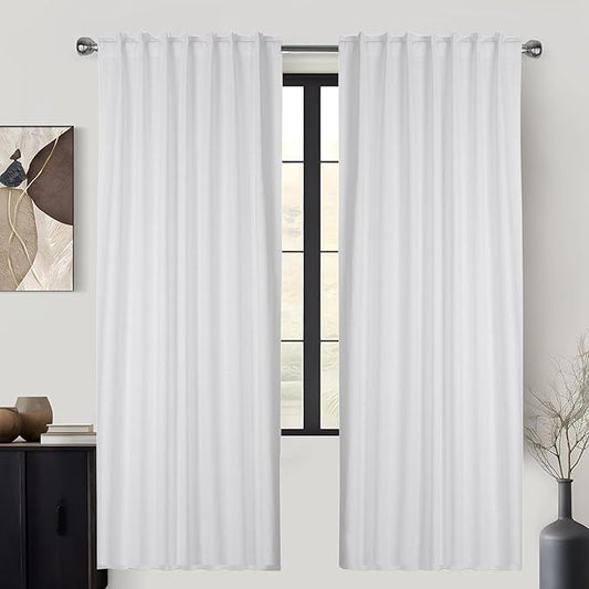 Ramanta Home White Cotton Light Filtering Curtains 50x84 Inches - Set of 2, Farmhouse Slub Textured Semi Sheer Drapes, Duck Cotton Fabric Living Room, Kitchen Back Tab Window Panels - White